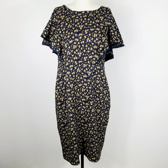 Tracy Reese Anthropologie Dress 12 Black Brown Floral Ruffle-Sleeve Straight - Picture 5 of 6